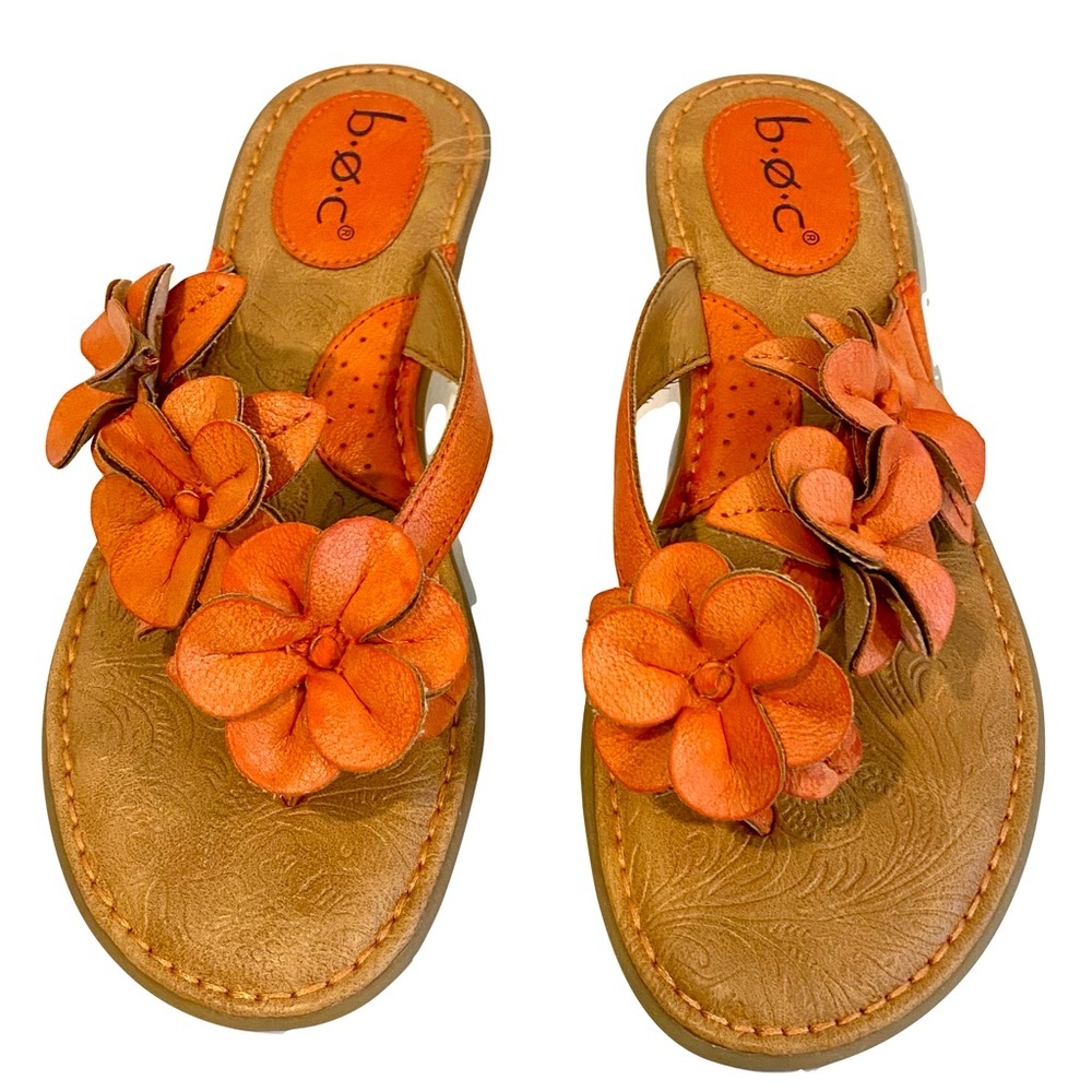 BOC Orange Faux Leather Slip on Sandals with Floral Appliqués Size 7